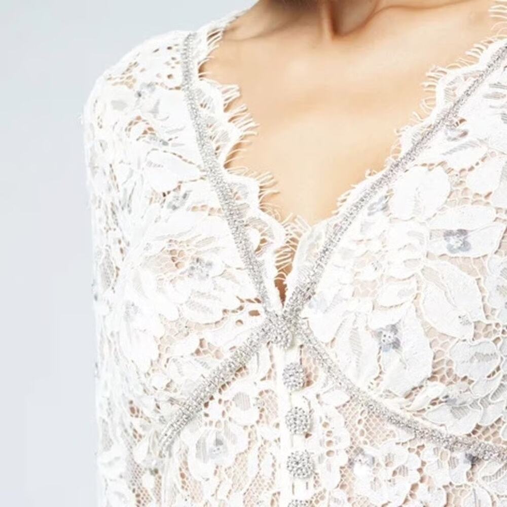Self-Portrait Crystal Embellished Cord Lace Midi Dress Ivory Bridal US 8 - Picture 5 of 16